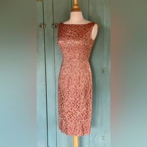 Vintage 50s GOLD Net Lace Overlay Cocktail DRESS BoatNeck Hostess Hollywood S-XS